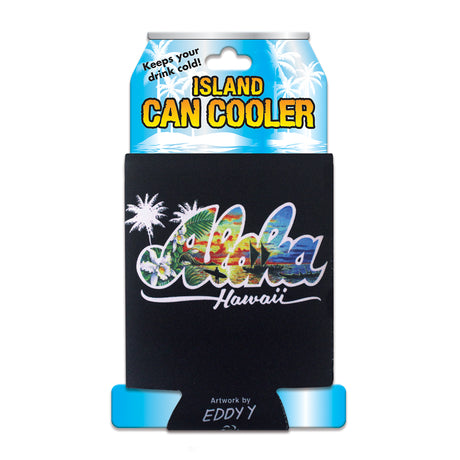 Black can cooler with colorful 'Aloha Hawaii' design and blue top on a white background