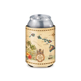 Can with a decorative sleeve featuring tropical island designs on a white background