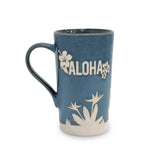 Blue mug with 'ALOHA' and floral designs on a white background