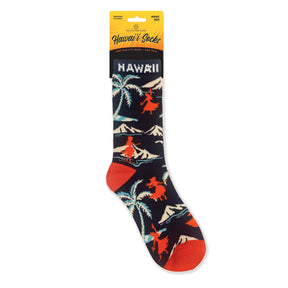 Hawaiian-themed sock with palm trees and people in a tropical setting, displayed in packaging.