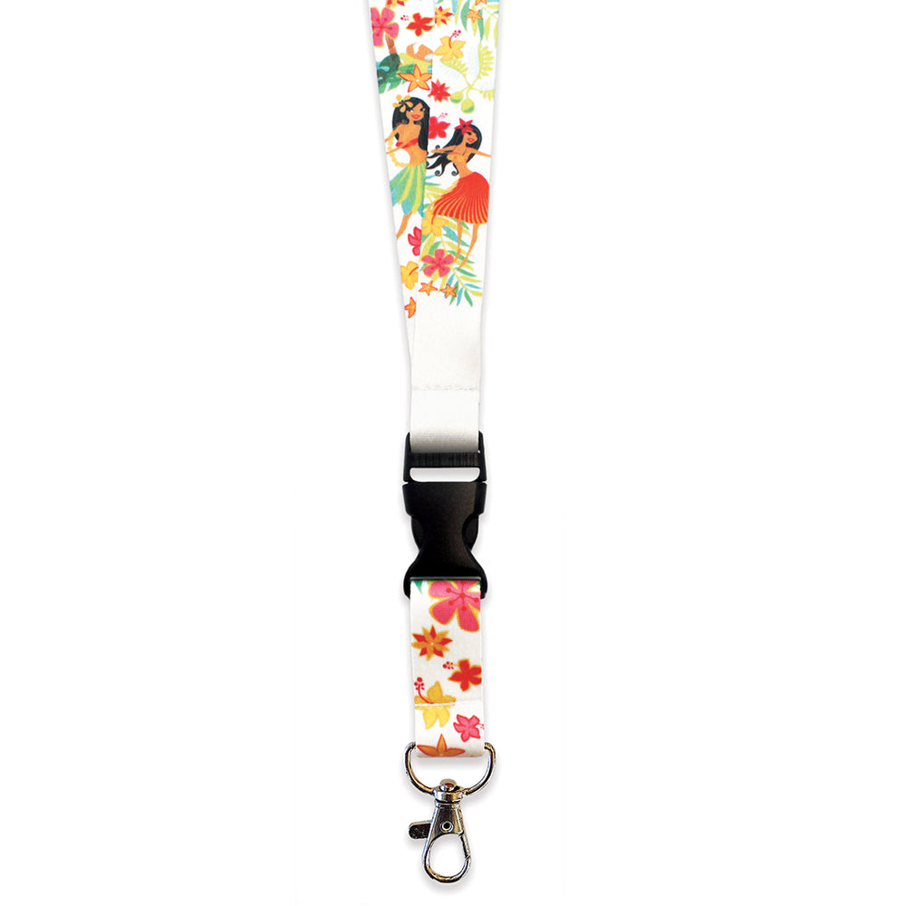 A colorful lanyard featuring a tropical design with a lobster clasp, detachable bottom half, and a floral pattern.