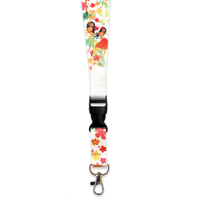 A colorful lanyard featuring a tropical design with a lobster clasp, detachable bottom half, and a floral pattern.