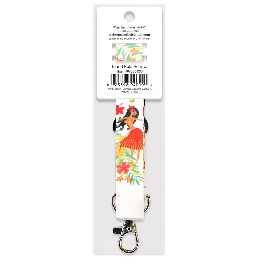 The back of a tropical hula lanyard packaged