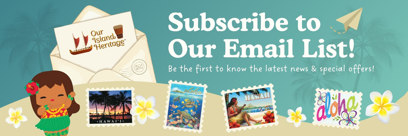 Promotional banner for subscribing to an email list with tropical-themed graphics and text.