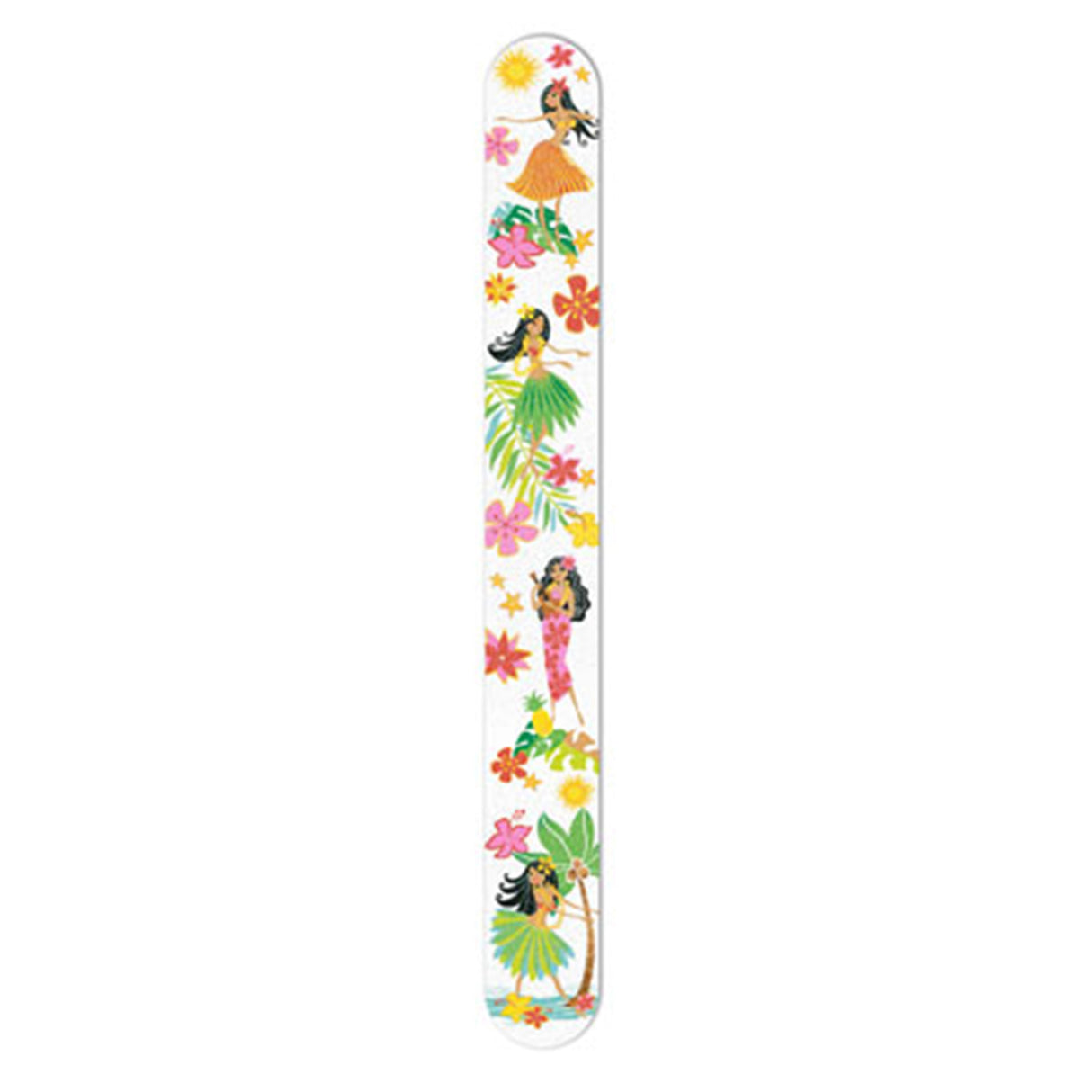 A long, narrow emery board with a colorful design featuring a hula dancer and tropical flowers.