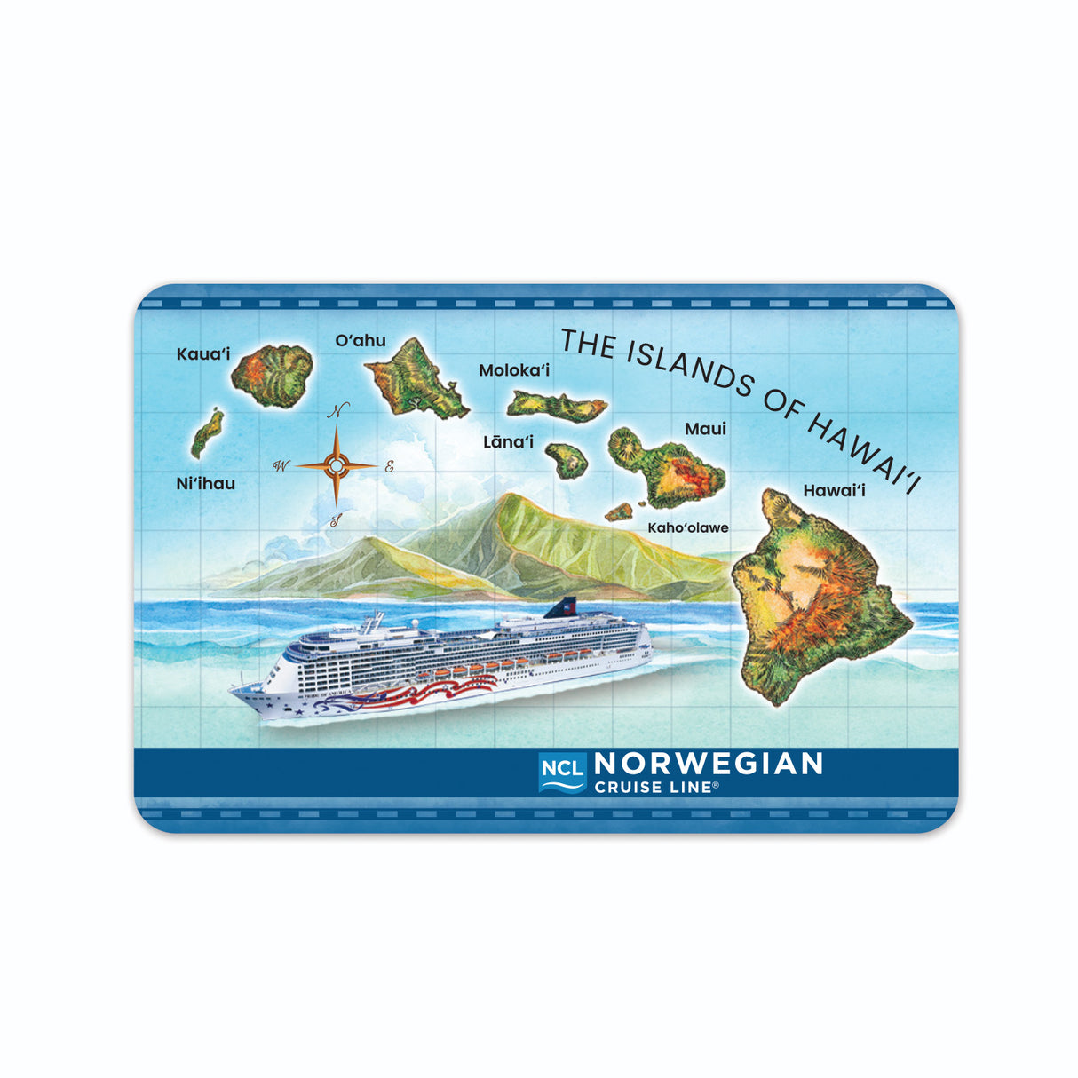 NCL Norwegian Cruise Line foil magnet with Hawaii map and cruise ship illustration on a white background