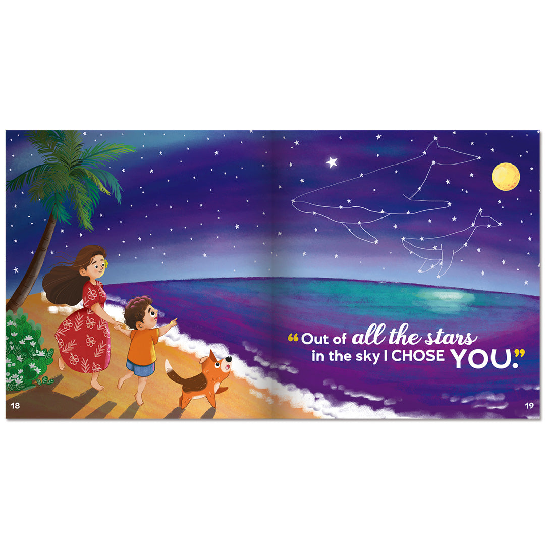Illustration of two children and a dog on a beach with a starry night sky and constellation.