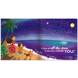 Illustration of two children and a dog on a beach with a starry night sky and constellation.