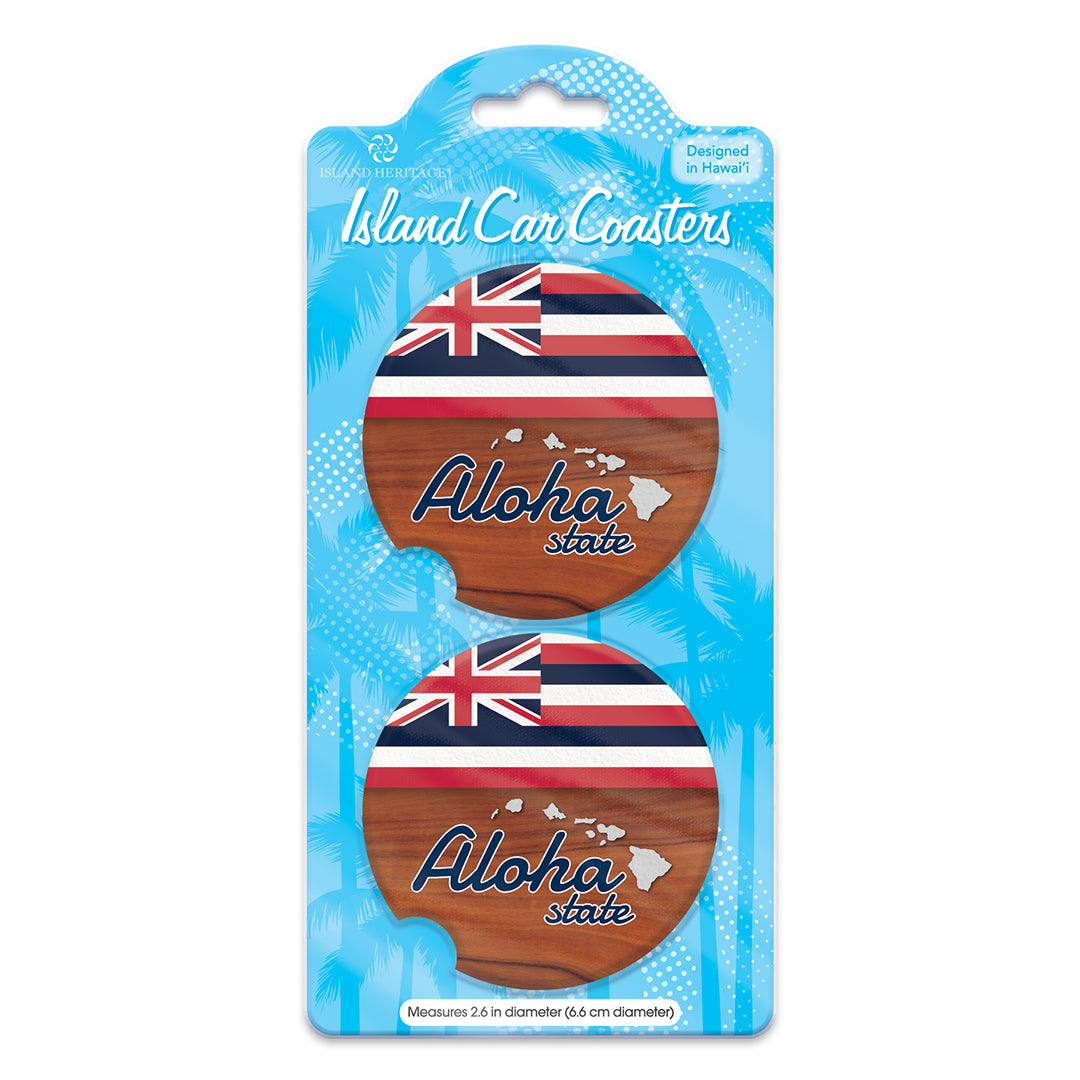 The front of a package of island car coasters aloha state