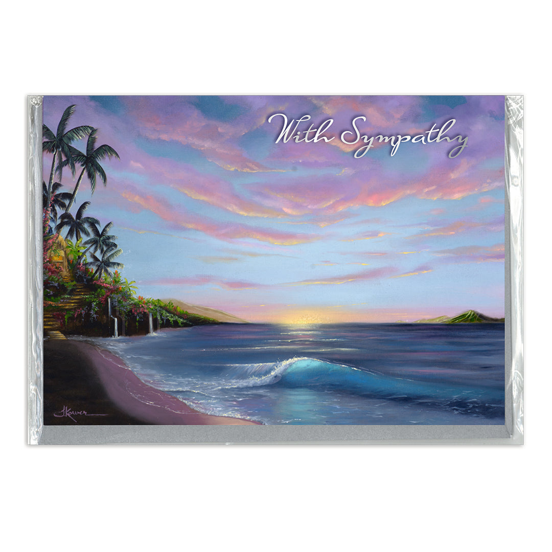 Sympathy card with a tropical beach scene and 'With Sympathy' text.