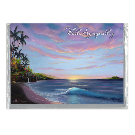 Sympathy card with a tropical beach scene and 'With Sympathy' text.