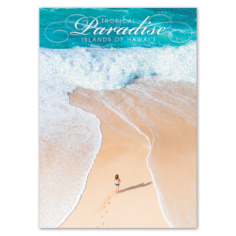Postcard of a beach scene with 'Tropical Paradise Islands of Hawaii' text.