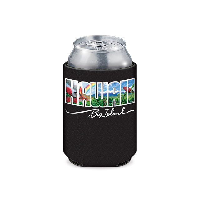 Black can cooler with 'Hawaii Big Island' text and colorful graphics on a white background