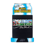 Hawaiian-themed can cooler with 'Island Can Cooler' text on a white background