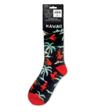 Hawaiian-themed sock with palm trees and hula dancers on a black background, displayed against a white background.