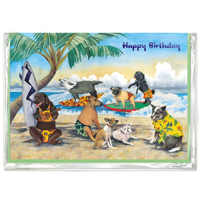 Birthday card with dogs in Hawaiian shirts on a beach scene