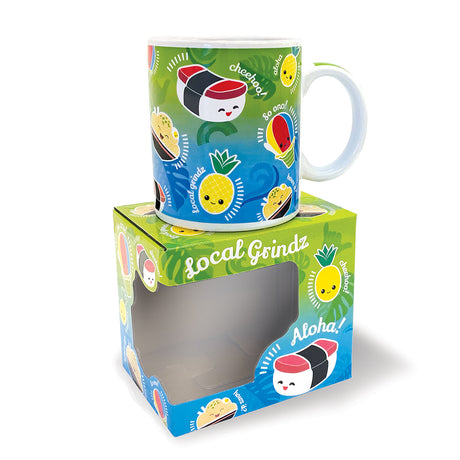 Colorful mug with cartoon food designs in a 'local Grindz' branded box on a white background