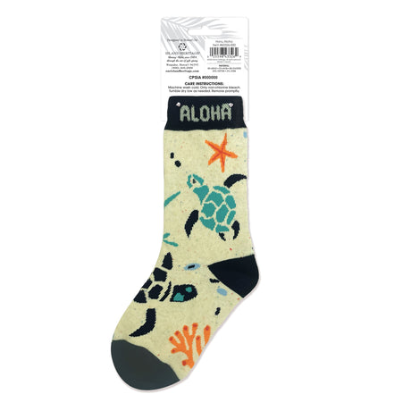 Sock with turtle design and 'Aloha' text on a white background