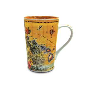 Colorful mug with a map design on a white background