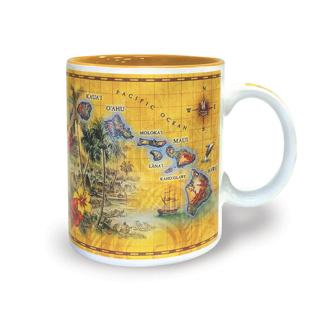 Mug with a colorful map design on a white background