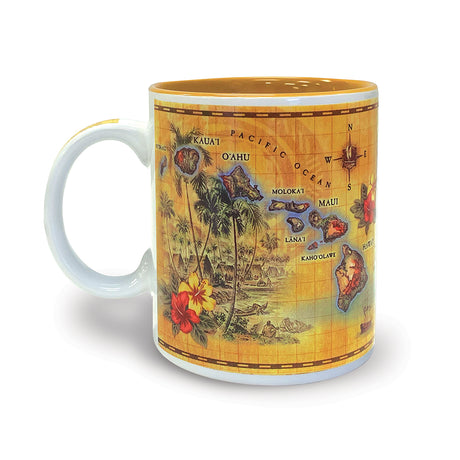 Mug with a Hawaiian-themed design featuring islands and nature on a white background