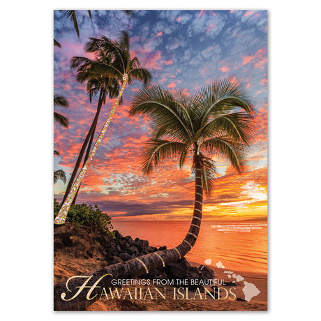 Postcard with palm trees and sunset over water, featuring 'Greetings from the Beautiful Hawaiian Islands' text.