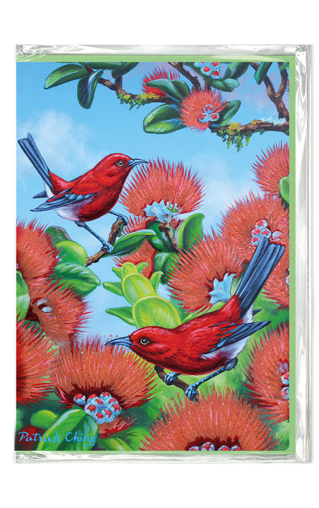Card with red birds and red flowers on a blue background