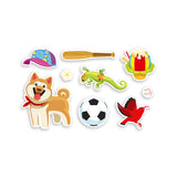 Set of colorful stickers including a dog, ball, bat, ice cream, and other items on a white background