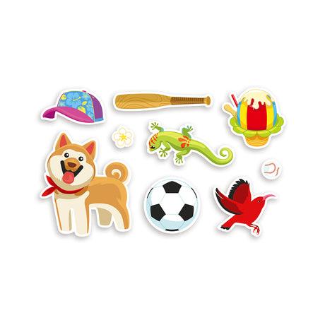 Set of colorful stickers including a dog, ball, bat, ice cream, and other items on a white background