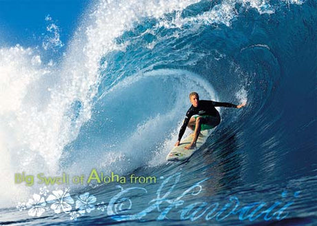 Surfer riding a large wave with 'Big Swell of Aloha from Hawaii' text.