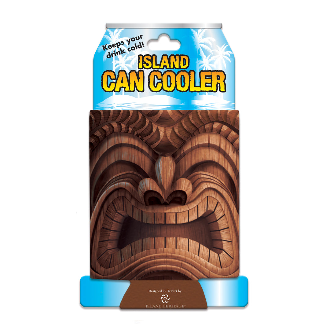 tiki design 'Island Can Cooler' packaging on a white background