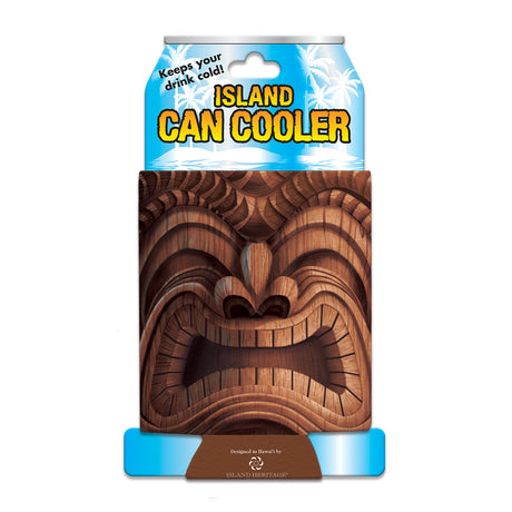 tiki design 'Island Can Cooler' packaging on a white background
