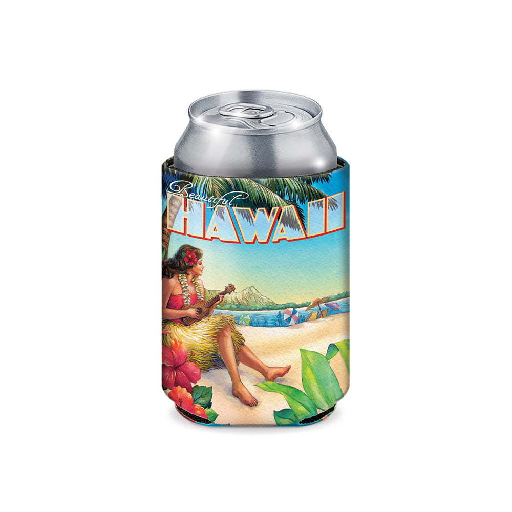 Can cooler with a tropical design featuring a hula dancer and Hawaiian text on a white background