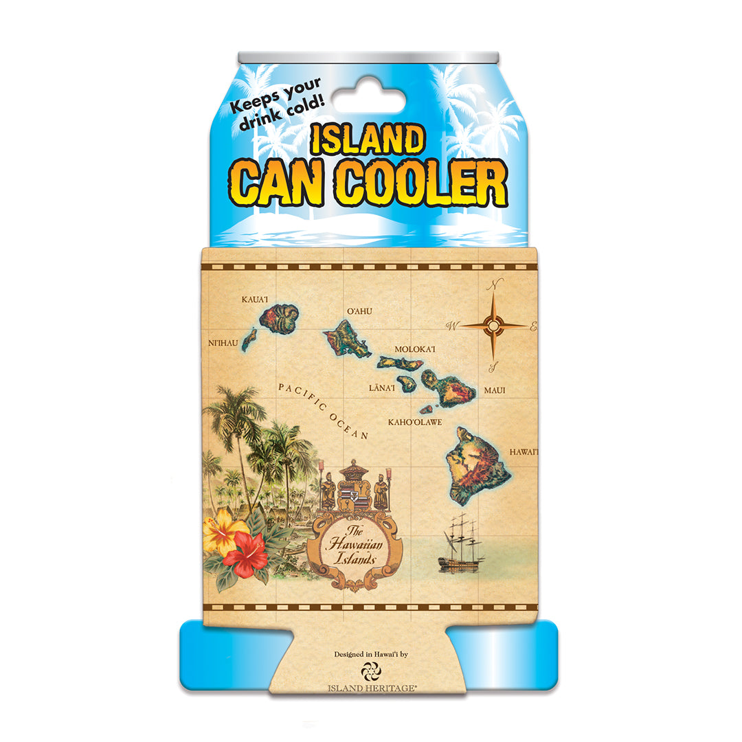 Island Can Cooler with tropical design and text on a white background