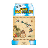 Island Can Cooler with tropical design and text on a white background