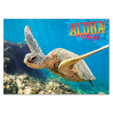 Tortoise swimming underwater with 'Aloha Maui' text on a blue background
