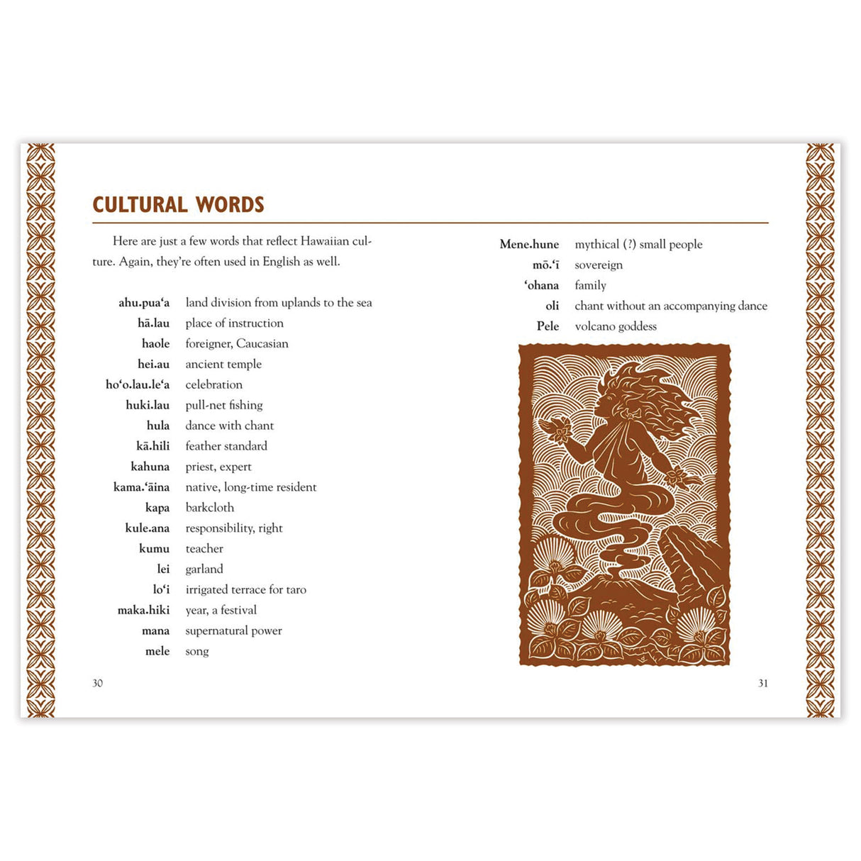 Book page with hawaiian words and an illustration of Pele the volcano deity on a white background.