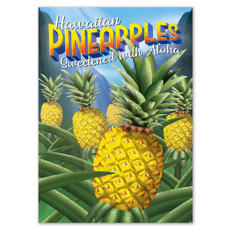 Postcard with pineapple design and text 'Hawaiian Pineapples Sweetened with Aloha' on a blue background.