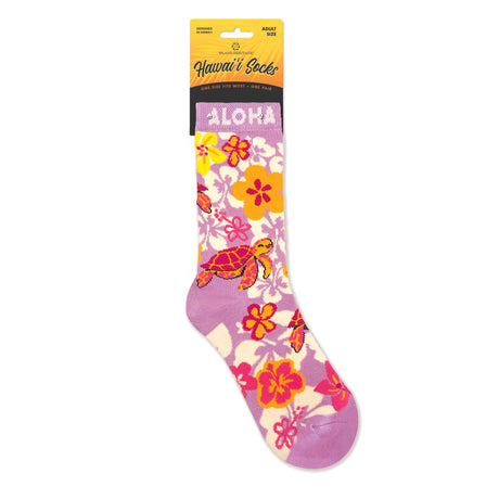 Hawaiian-themed sock with turtle design on a white background