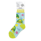 Colorful socks with turtle design on a white background