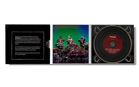 Vinyl record with cover featuring a band on stage and text