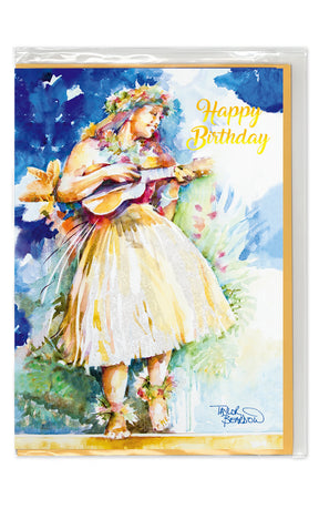 Birthday card with a hula dancer illustration and 'Happy Birthday' text.