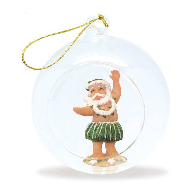 Santa Claus ornament in a hula skirt with a gold string on a white background