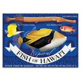 Illustration of tropical fish with text about the state fish of Hawaii on a blue background