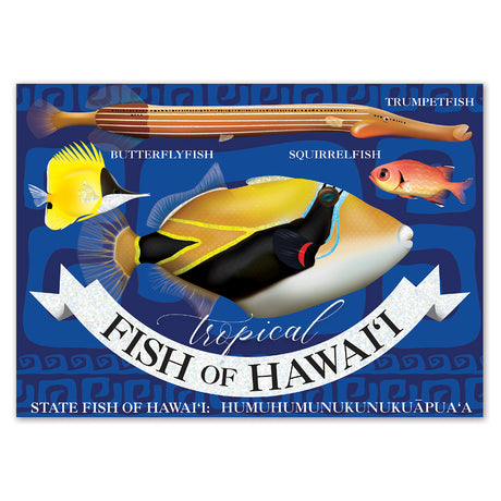 Illustration of tropical fish with text about the state fish of Hawaii on a blue background