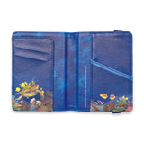 A blue Hawaii underwater turtle themed wallet opened to the inside.