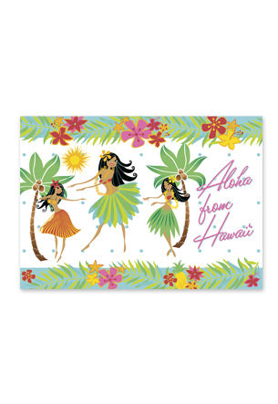 Hawaiian-themed card with hula dancers and floral decorations on a white background