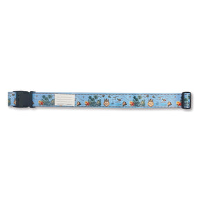 Islands of Hawai‘i blue luggage strap, 71”L x 2”W, adjustable with a strong buckle, vibrant design, and blank ID card for easy suitcase identification.