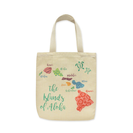Beige tote bag with colorful graphics and text on a white background