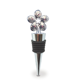 Silver flower-shaped bottle stopper on a white background